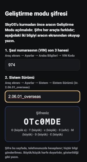 Şifre hesaplama sayfası. Şifre, karışmasın diye harf harf de yazılır (O harfi / 0 sıfır gibi).