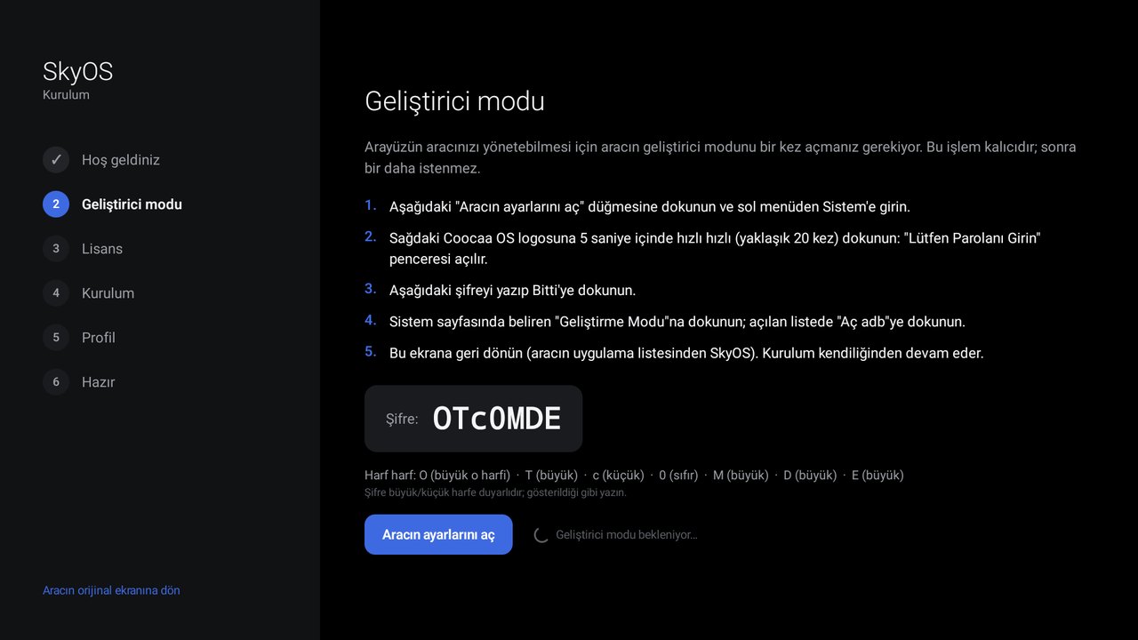 Geliştirme Modu açık değilse görünen ekran: şifre ve adımlar.