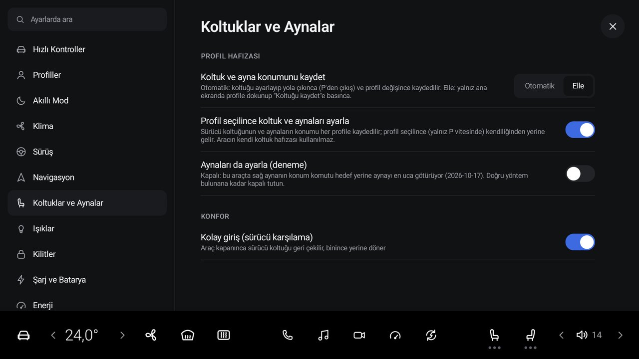 Ayarlar → Koltuklar ve Aynalar.