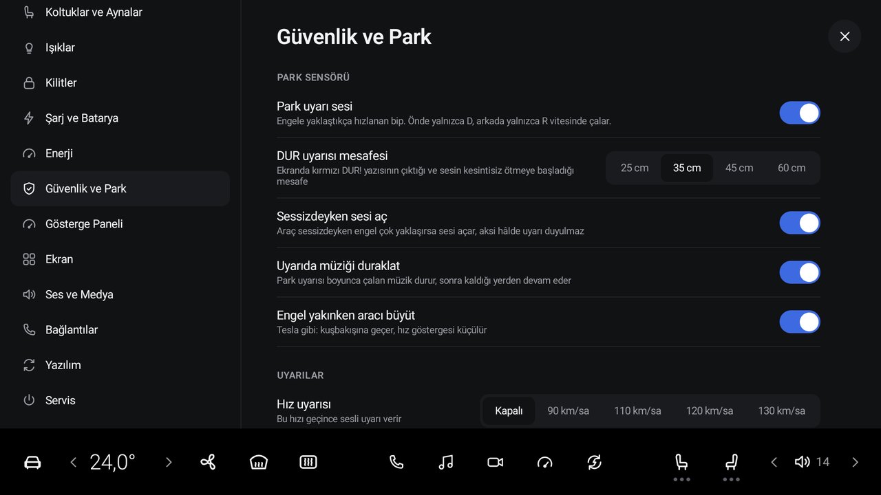 Ayarlar → Güvenlik ve Park.