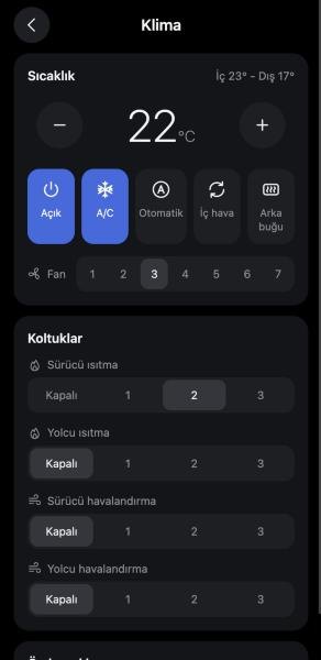 Klima ve koltuklar.