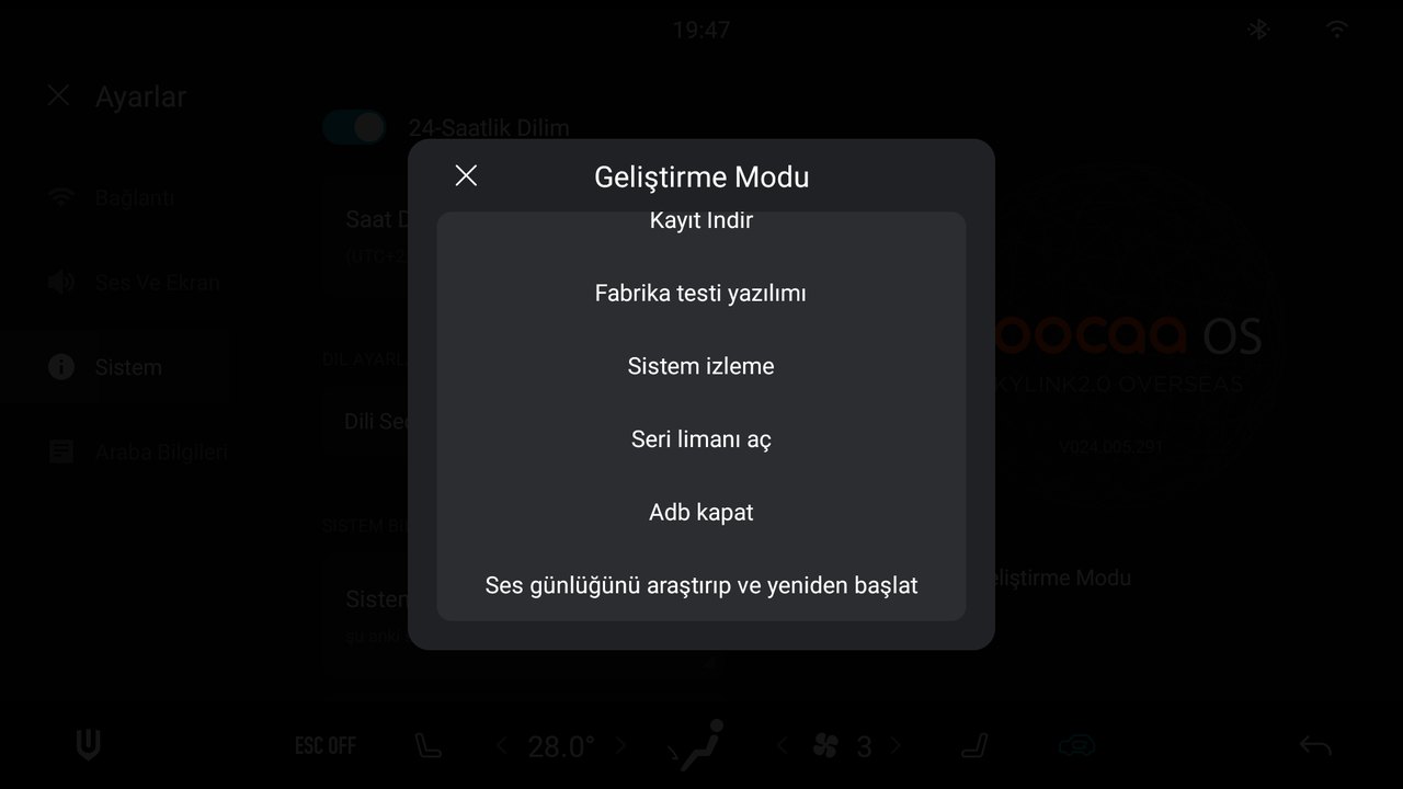Listenin alt kısmı (kaydırın). ADB kapalıyken bu satırda "Aç adb" yazar; dokununca "Adb kapat" olur — bu, ADB'nin açık olduğunu gösterir.