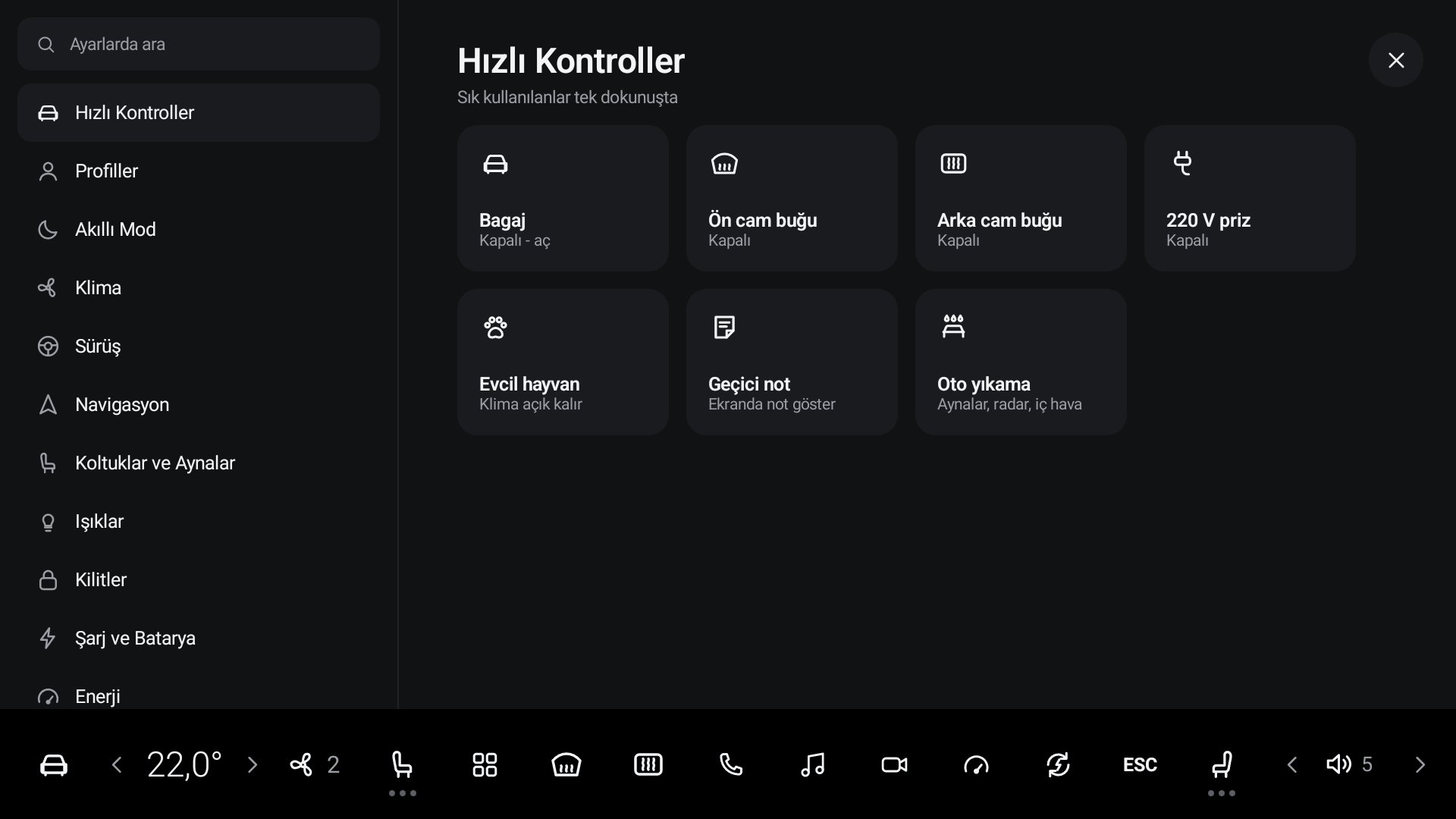 Hızlı Kontroller. Aracınızda olmayan donanımın kartı görünmez.